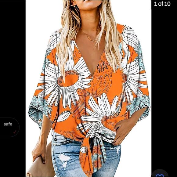 Floral print tie front bat sleeve blouse top Beach summer tropical cruise  Sz 1X - Picture 6 of 6